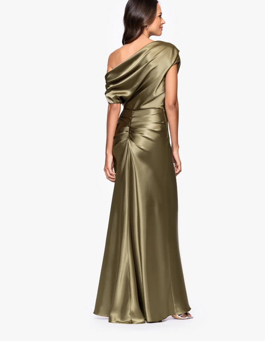 Betsy & Adam Sofia Satin Drop Shoulder Floor Length Dress