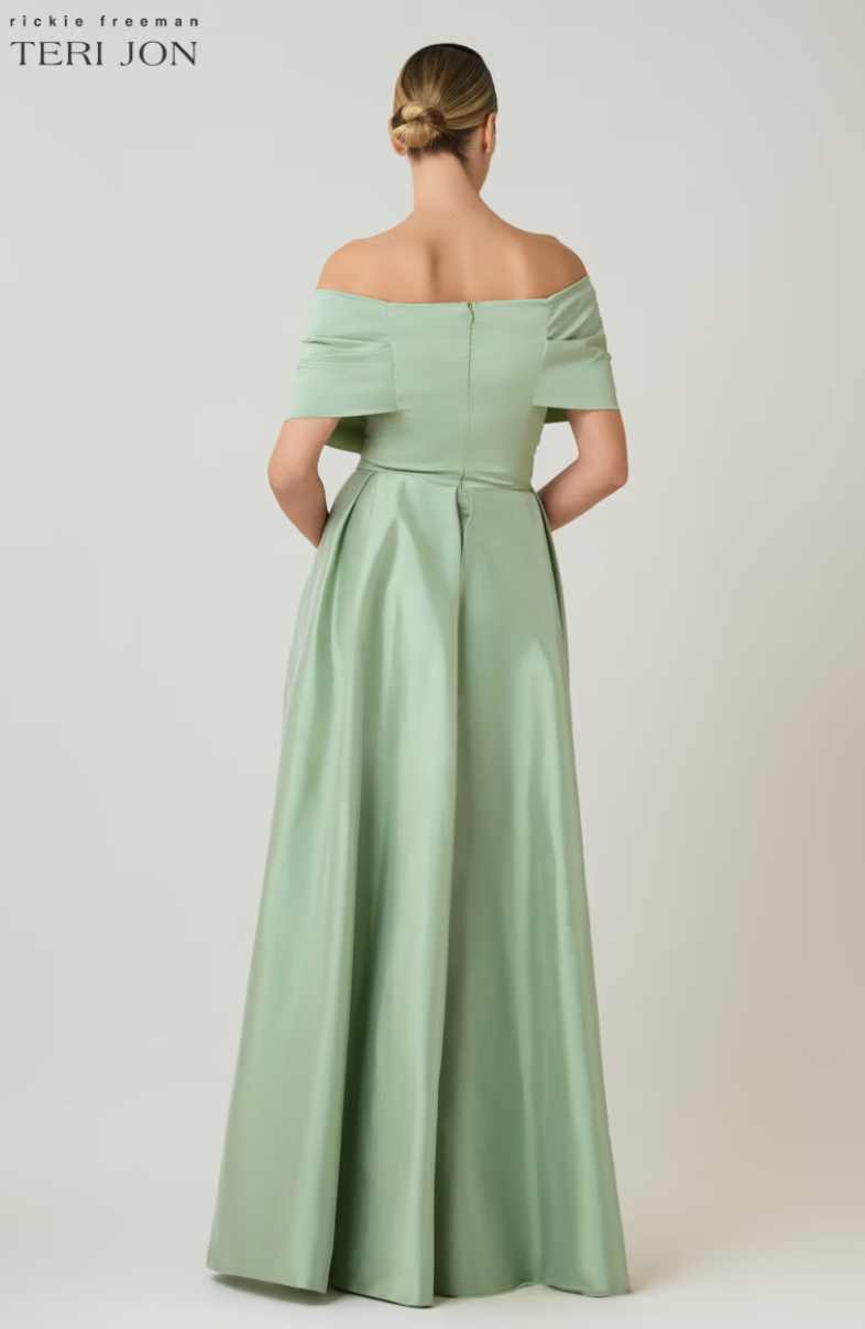Teri Jon Taffeta Off The Shoulder Overlay Skirt Gown