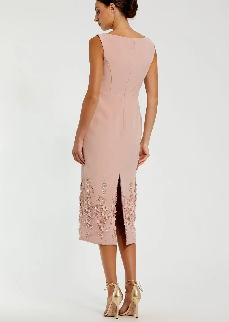 Mac Duggal Crepe Sleeveless Midi Dress With Flower Beading