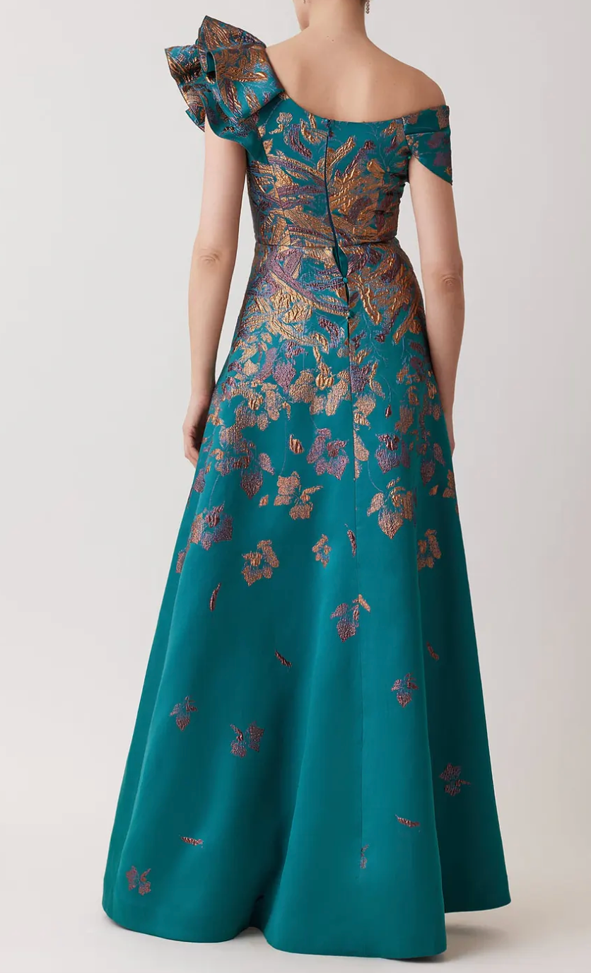 Teri Jon METALLIC JACQUARD ASYMMETRICAL RUFFLE SHOULDER GOWN