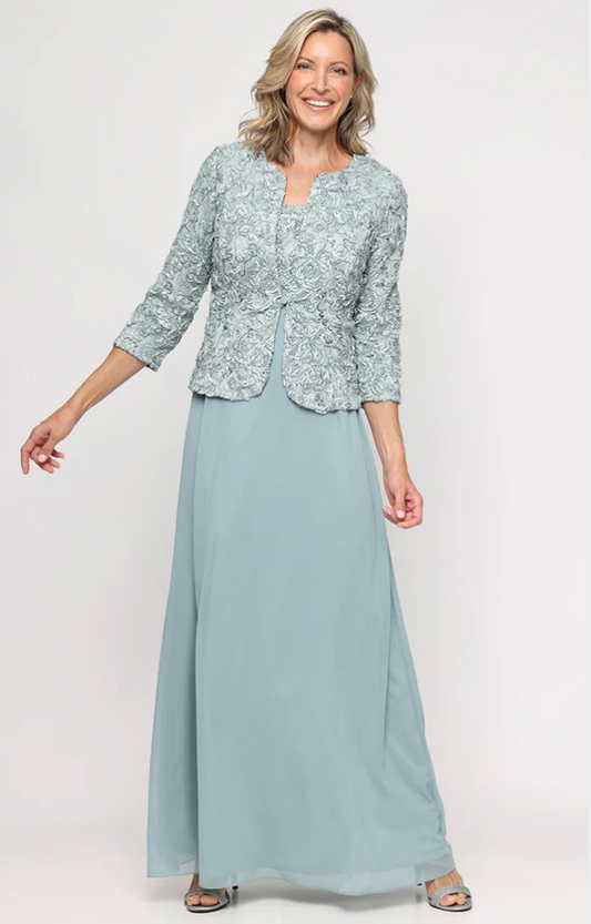 Alex Evenings Empire Waist Dress with Soutache Lace Bodice & Jacket