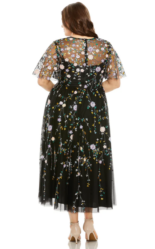 Mac Duggal Plus Size Sequin Floral Detail Midi Dress Sequin Floral Detail Midi