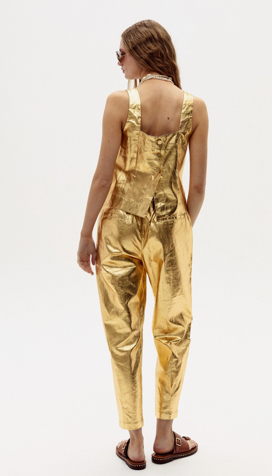 ANYA METALLIC LINEN PANTS - GOLD