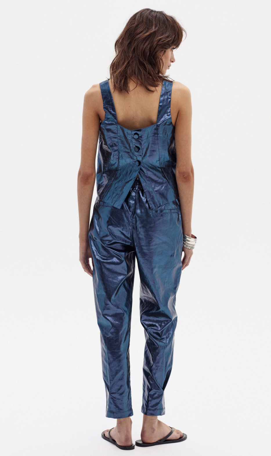 MEI METALLIC LINEN TOP - DARK BLUE
