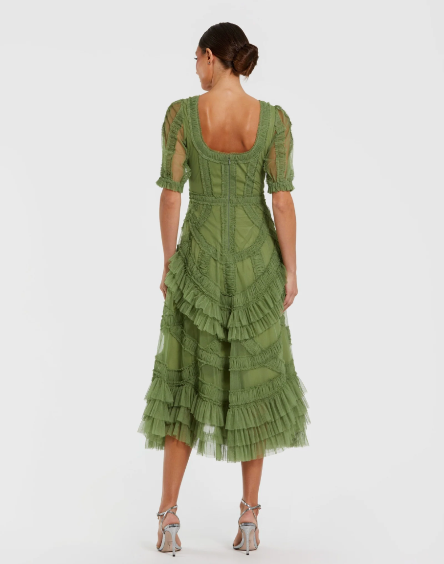 Petite Moss Green Short Sleeve Micro Ruffle Midi Dress