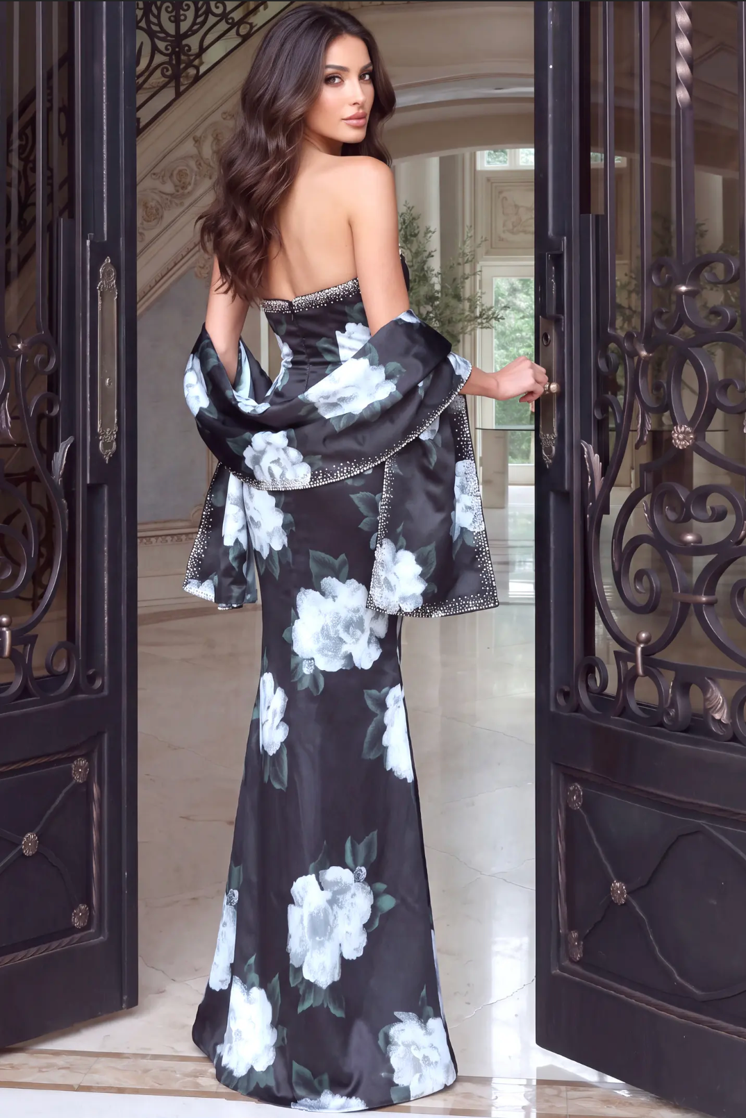 Jovani Beaded Neckline Floral Satin Mermaid