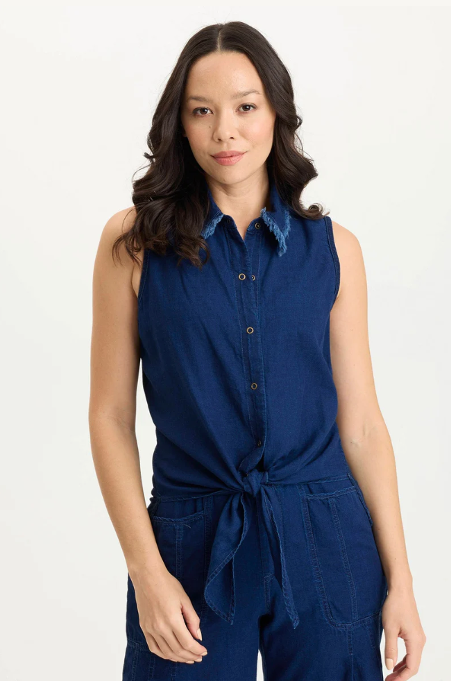 XCVI Tangue Indigo Twill Knotted High-Low Snap-Up Tank