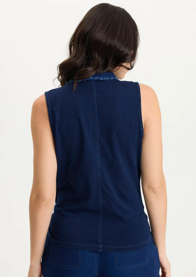 XCVI Tangue Indigo Twill Knotted High-Low Snap-Up Tank