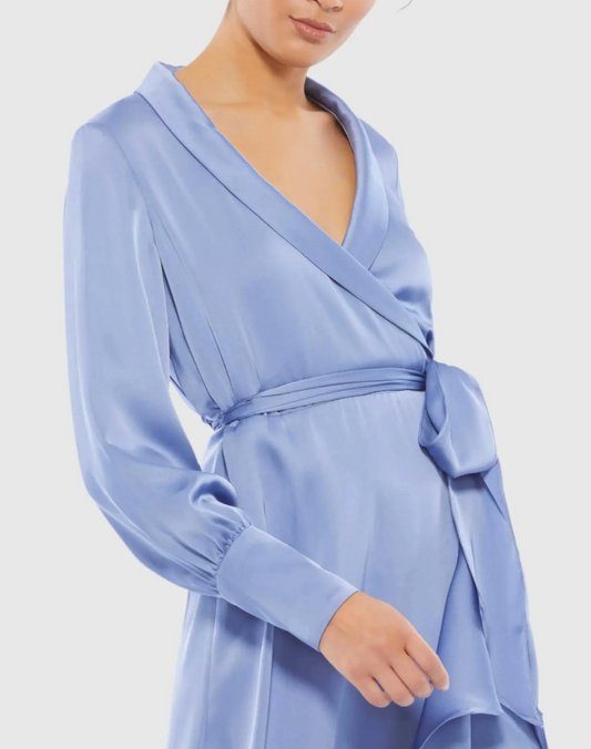 Mac Duggal Long Sleeve Faux Wrap Midi Dress