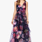 Betsy & Adam "CATALINA" PRINTED ORGANZA V-NECK FLOOR LENGTH DRESS