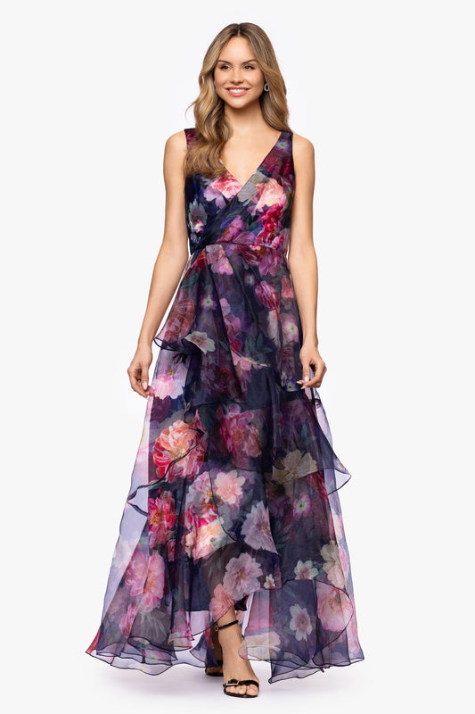 Betsy & Adam "CATALINA" PRINTED ORGANZA V-NECK FLOOR LENGTH DRESS