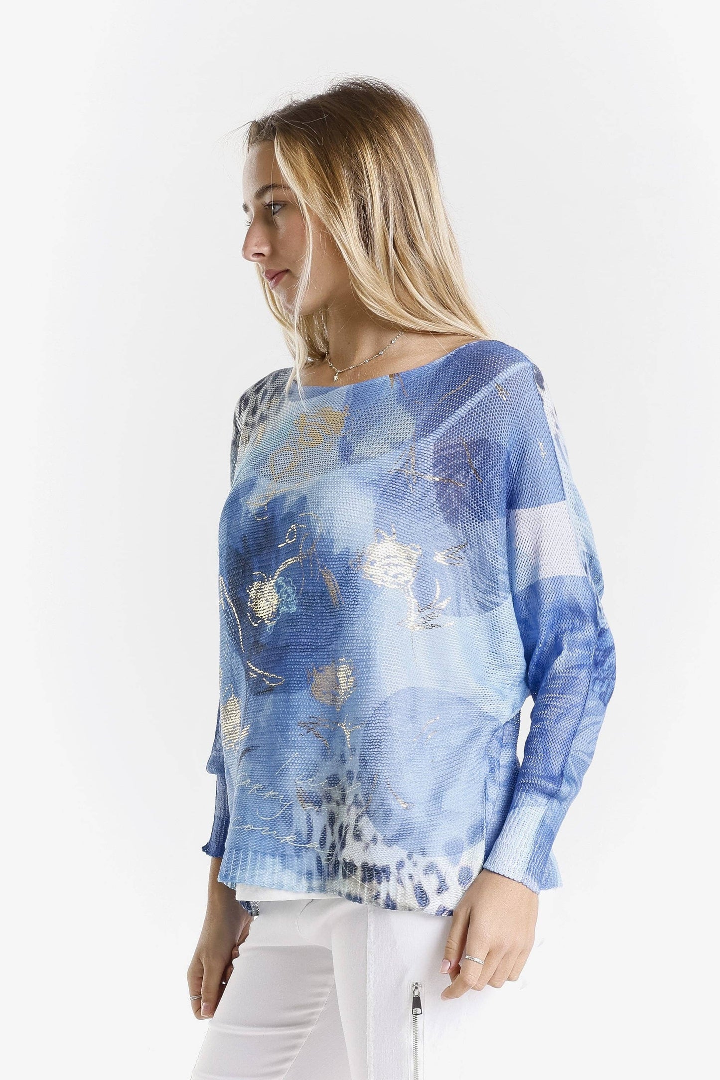 TINA Stephens Italy/Tees By Tina - Circle Flower Danielle Batwing Open Knit Sweater (BLS424CF)