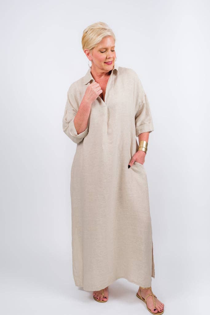 TINA Stephens Italy/Tees By Tina - Fernanda Open Collar Linen Dress (DQ107)