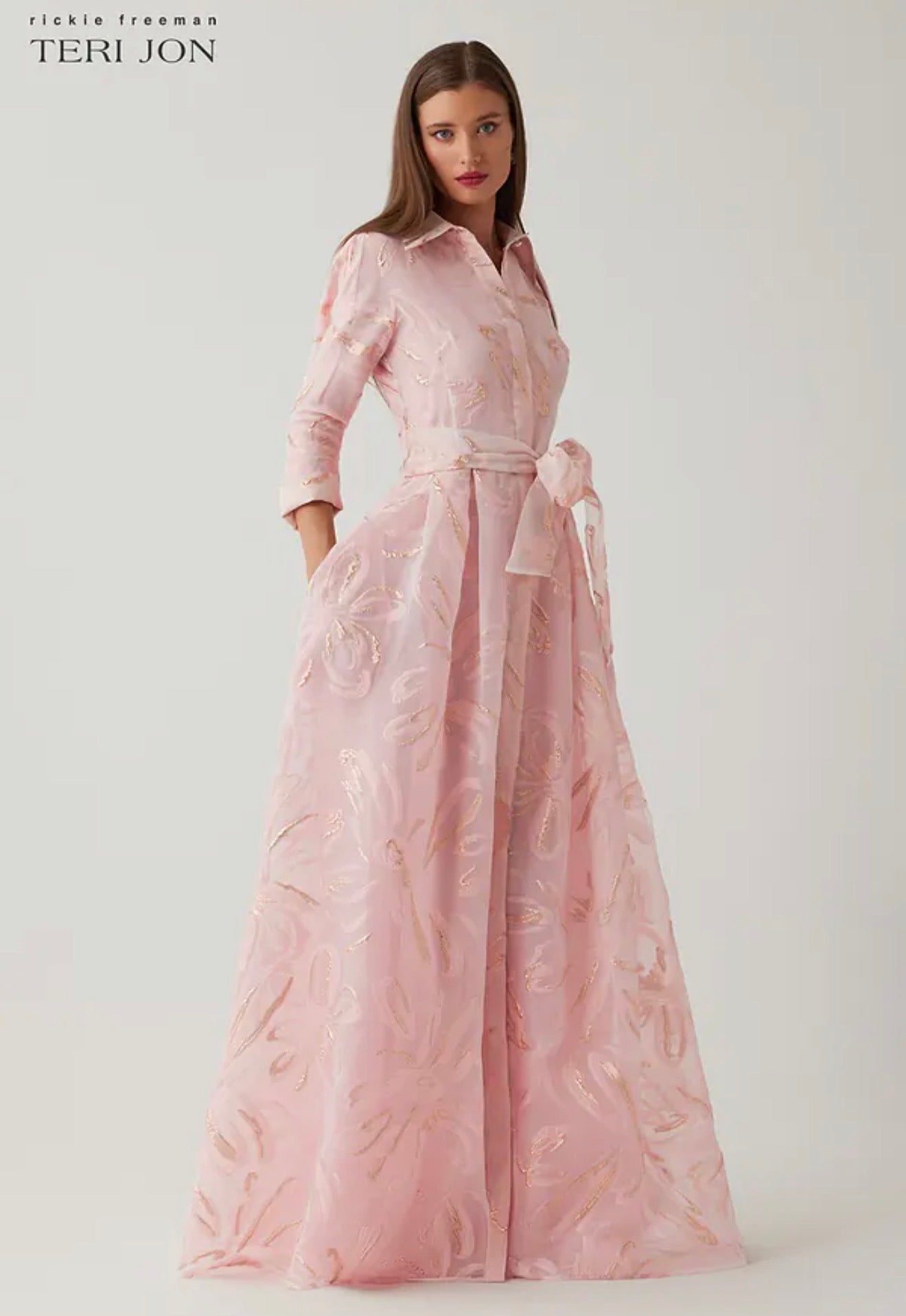 Teri Jon by Rickie Freeman Metallic Organza Jacquard Shirt Waist Gown
