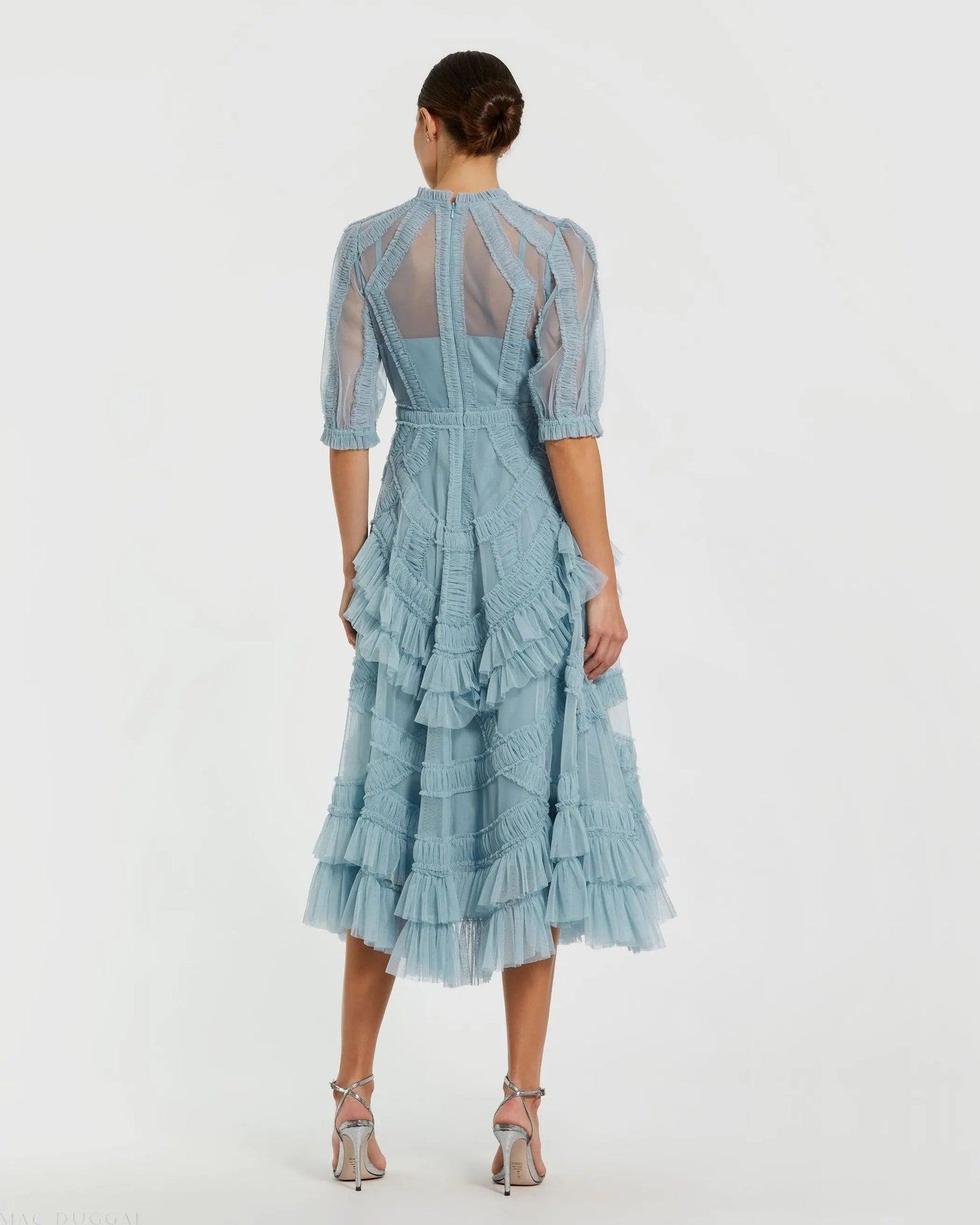 Mac Duggal Blue High Neck Ruffle Tiered A-Line Midi Dress