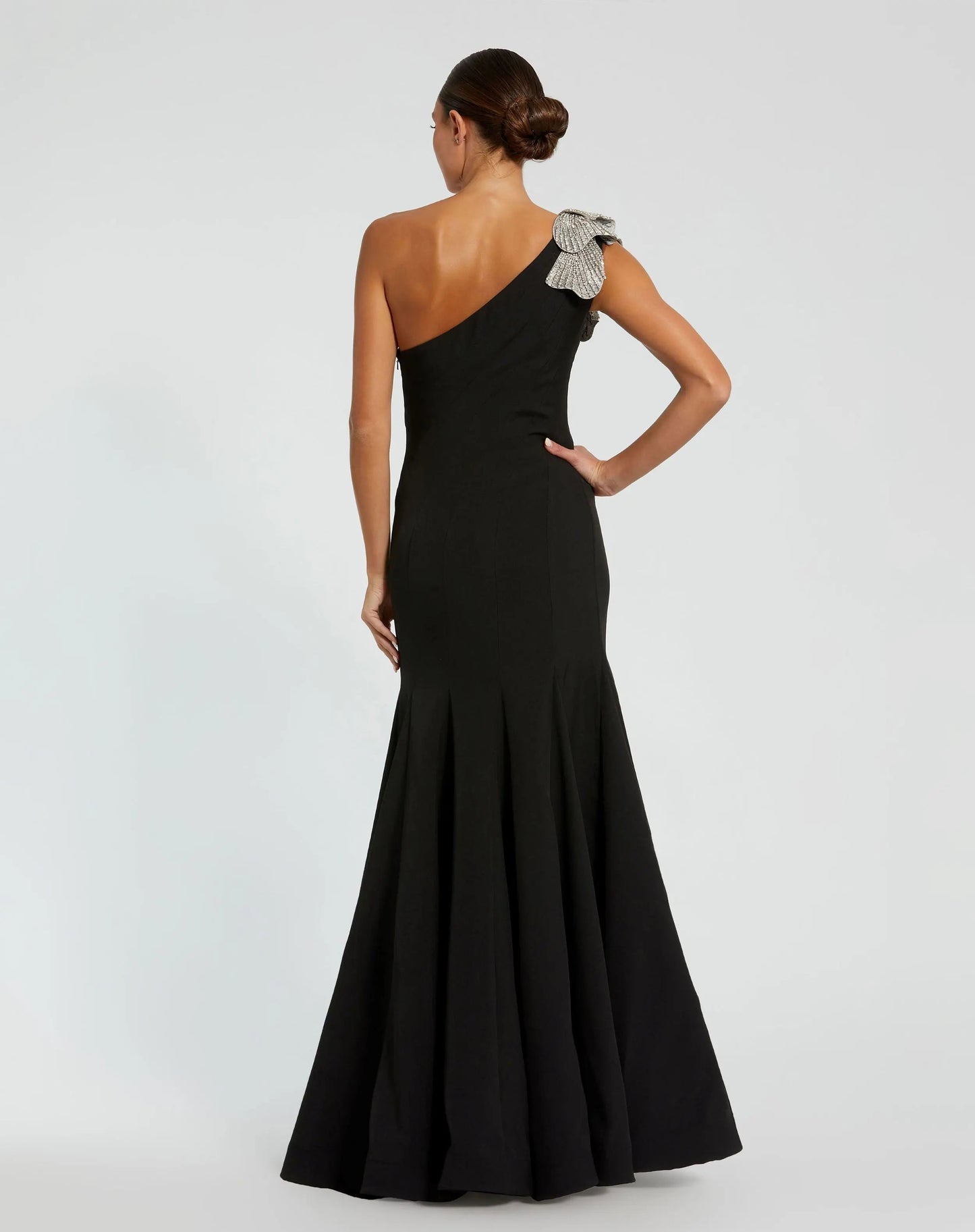 Mac Duggal Black Crepe One Shoulder Gown With Crystal Flower