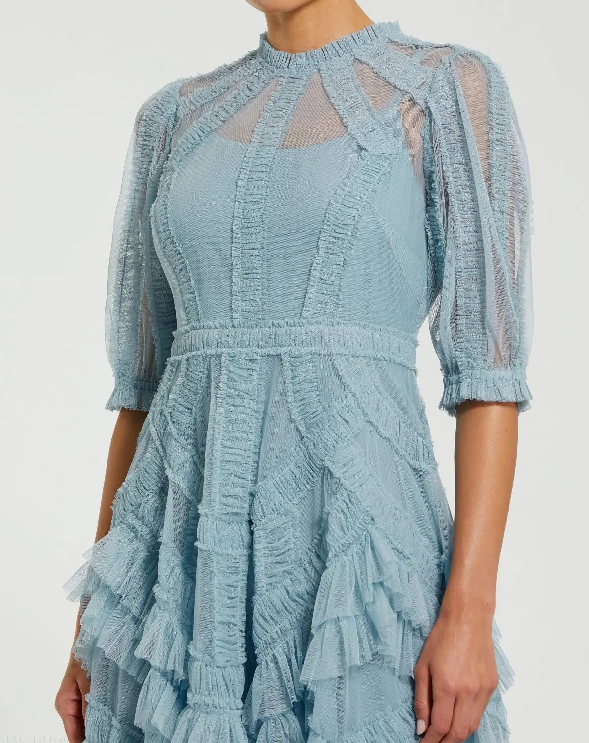 Mac Duggal Blue High Neck Ruffle Tiered A-Line Midi Dress