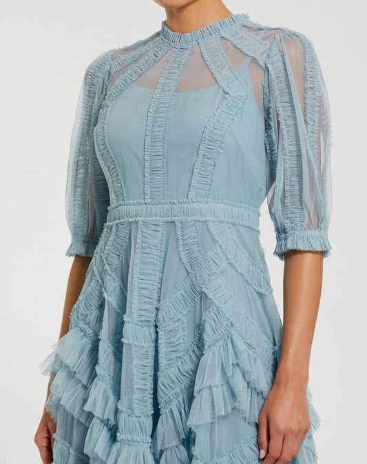 Mac Duggal Blue High Neck Ruffle Tiered A-Line Midi Dress