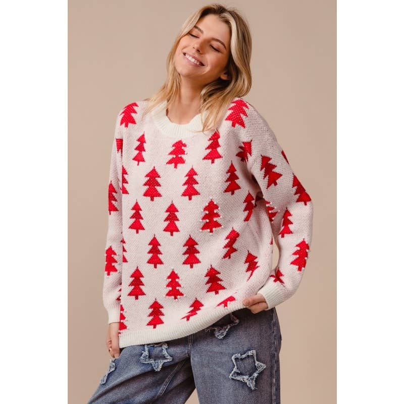 Bibi Pearl Beads Tree Pattern Christmas Sweater