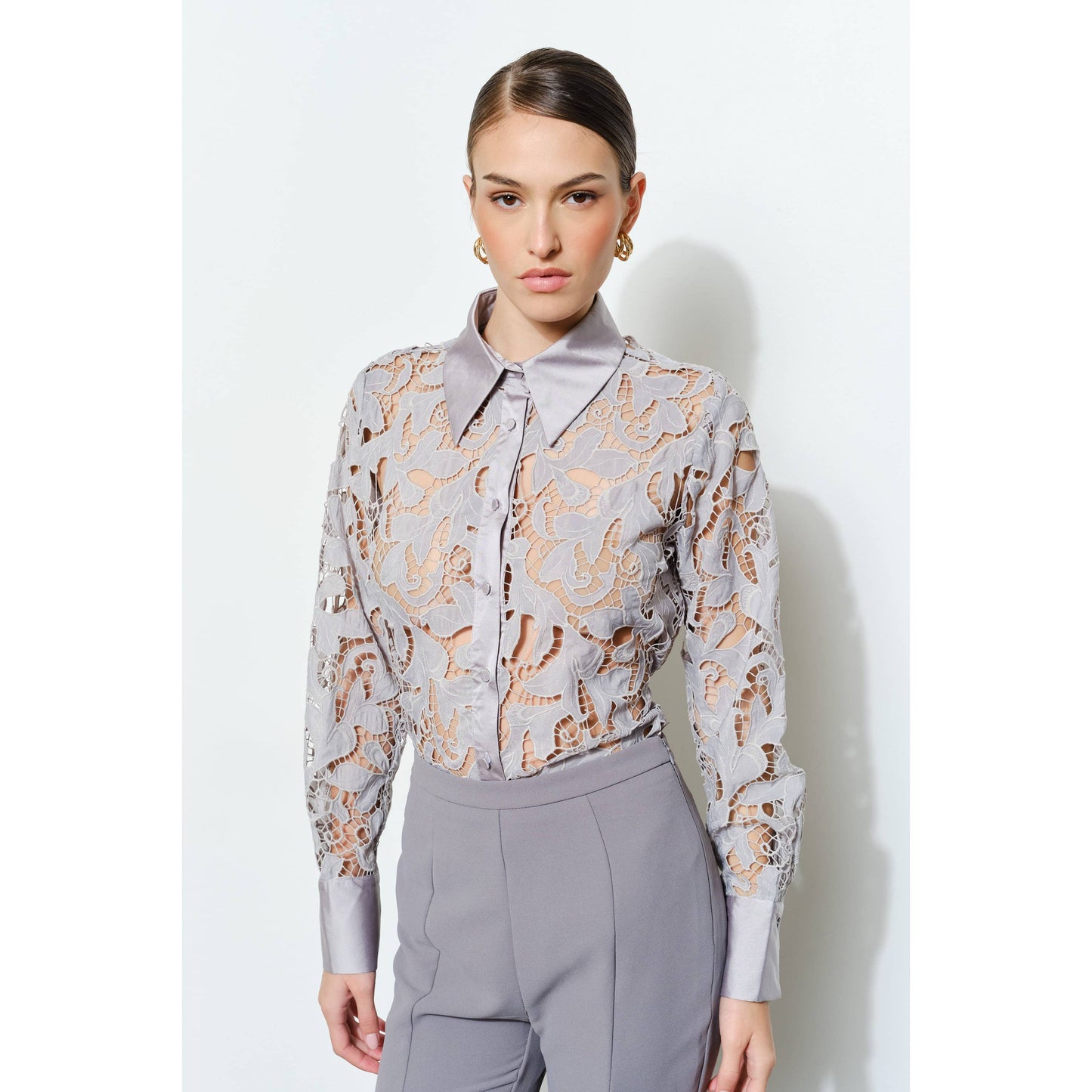 INA - Luxe Satin Contrast Collar Lace Button Down Blouse