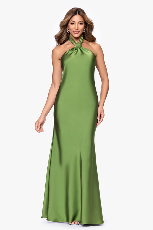 Betsy & Adam Esmerelda Satin Double Knotted Halter Neck Floor Length Dress