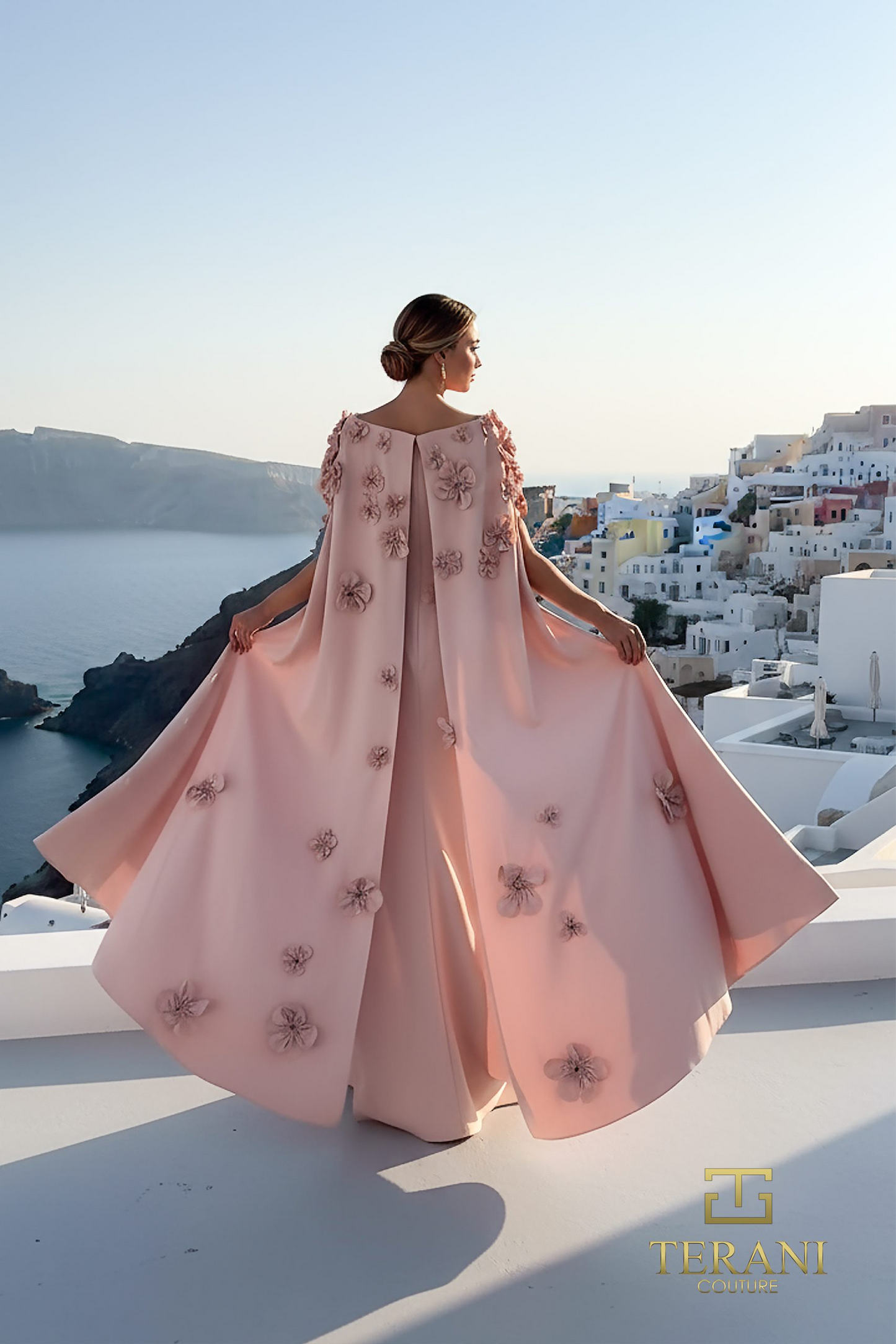 TERANI COUTURE Boat Neck Crepe Gown With Cape Sleeves