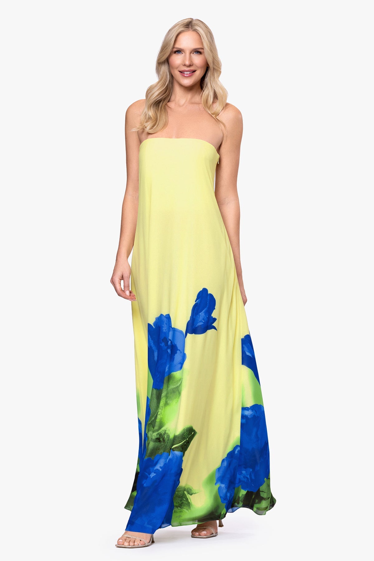 Betsy & Adam CARMEN CHIFFON STRAPLESS FLORAL FLOOR LENGTH DRESS