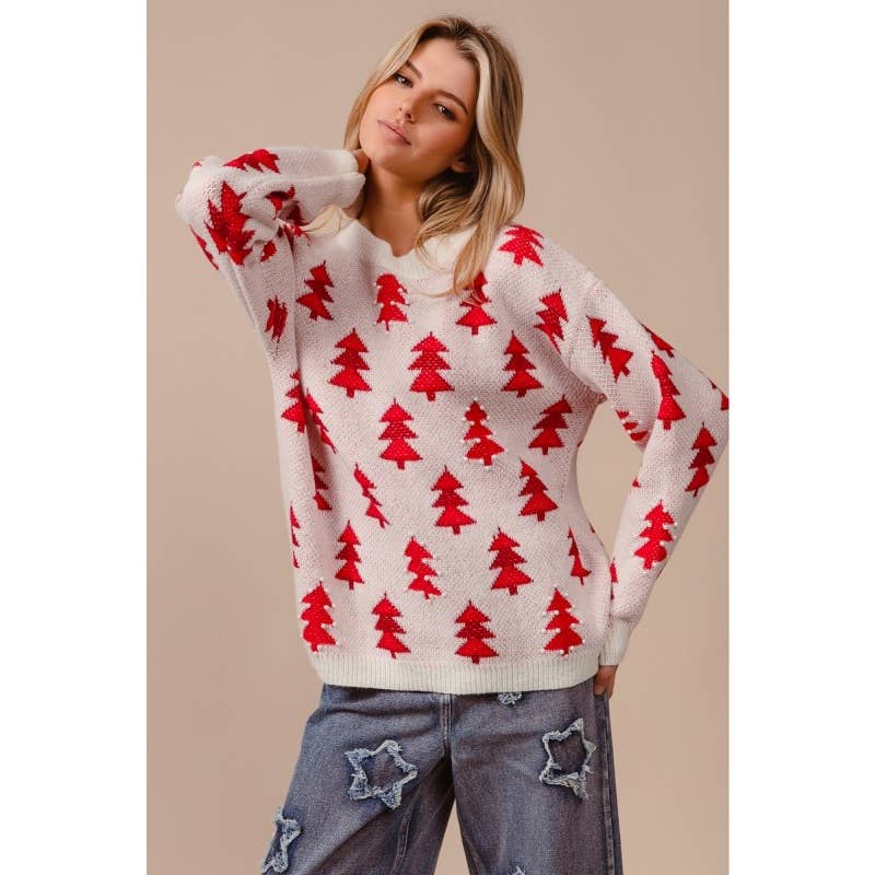 Bibi Pearl Beads Tree Pattern Christmas Sweater