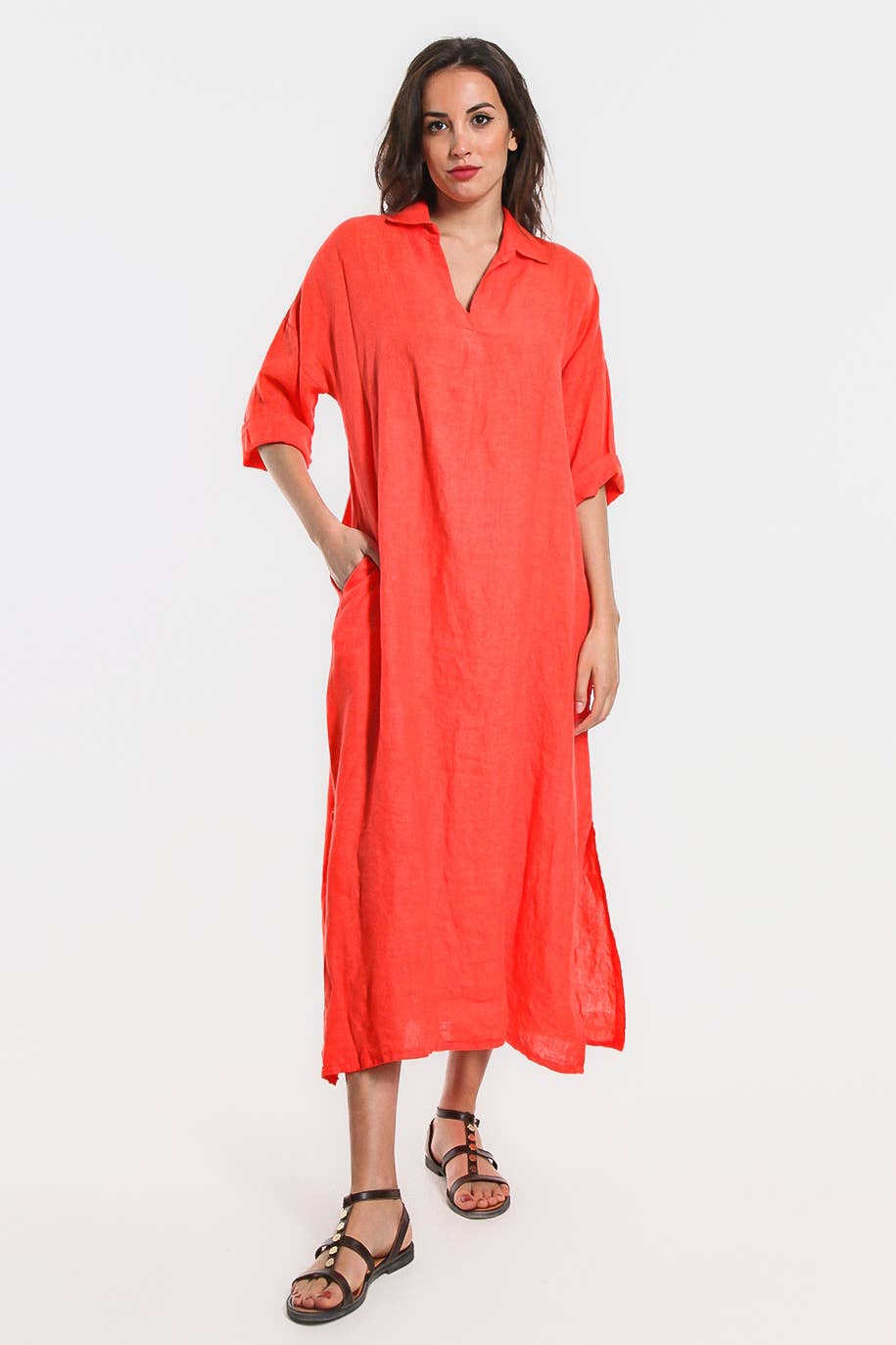TINA Stephens Italy/Tees By Tina - Fernanda Open Collar Linen Dress (DQ107)