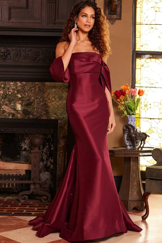 Jovani 23398 Burgundy Off the Shoulder Mermaid Evening Dress