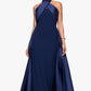 Betsy & Adam Dina Scuba Crepe Twist Halter Neck Floor Length Gown