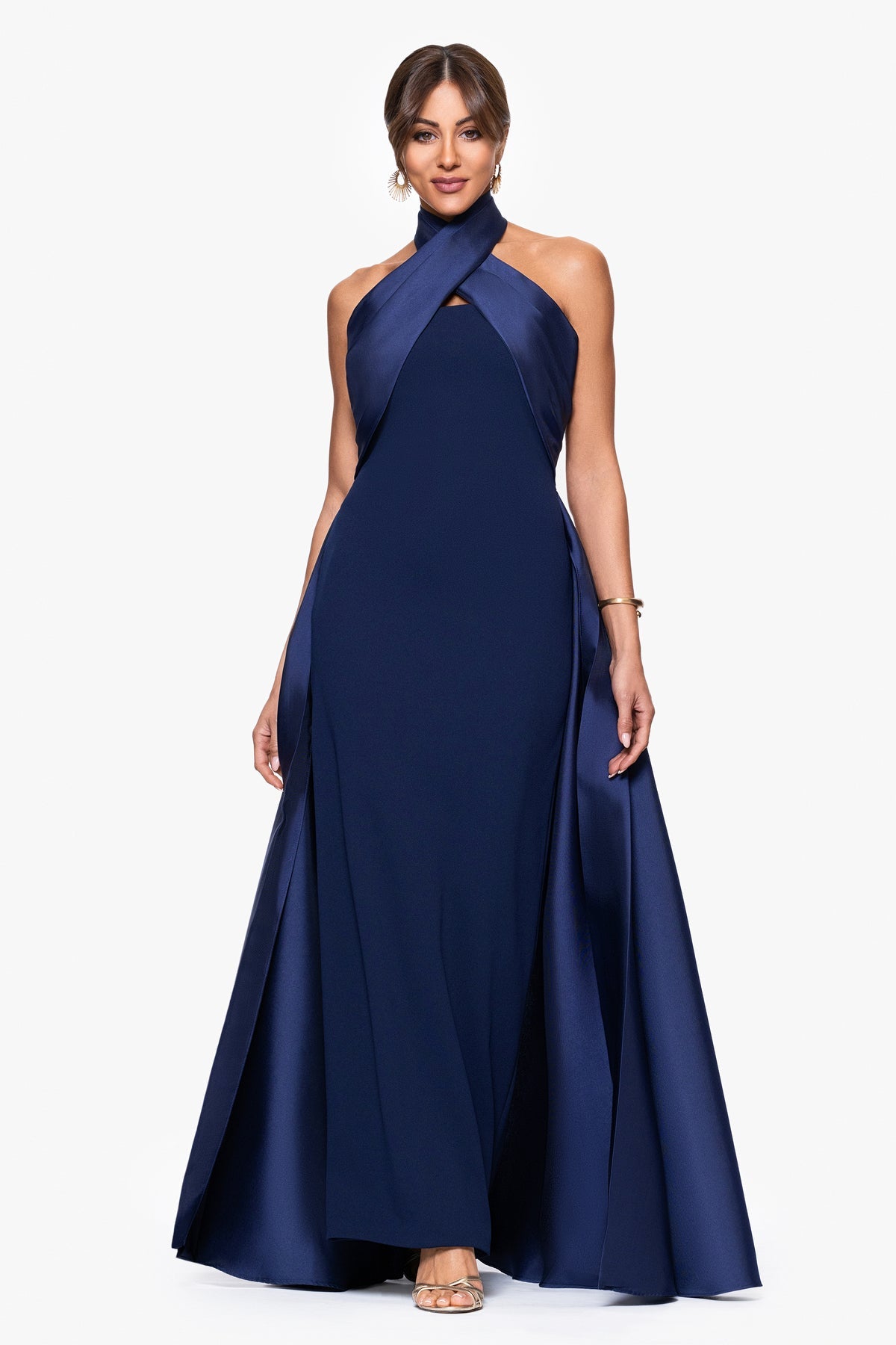 Betsy & Adam Dina Scuba Crepe Twist Halter Neck Floor Length Gown