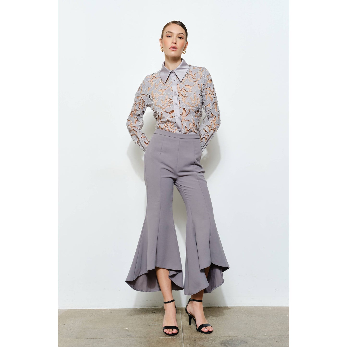 INA - Luxe Satin Contrast Collar Lace Button Down Blouse