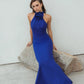 Mac Duggal Blue Sleeveless Halter Neck Gown with Rosette Detail
