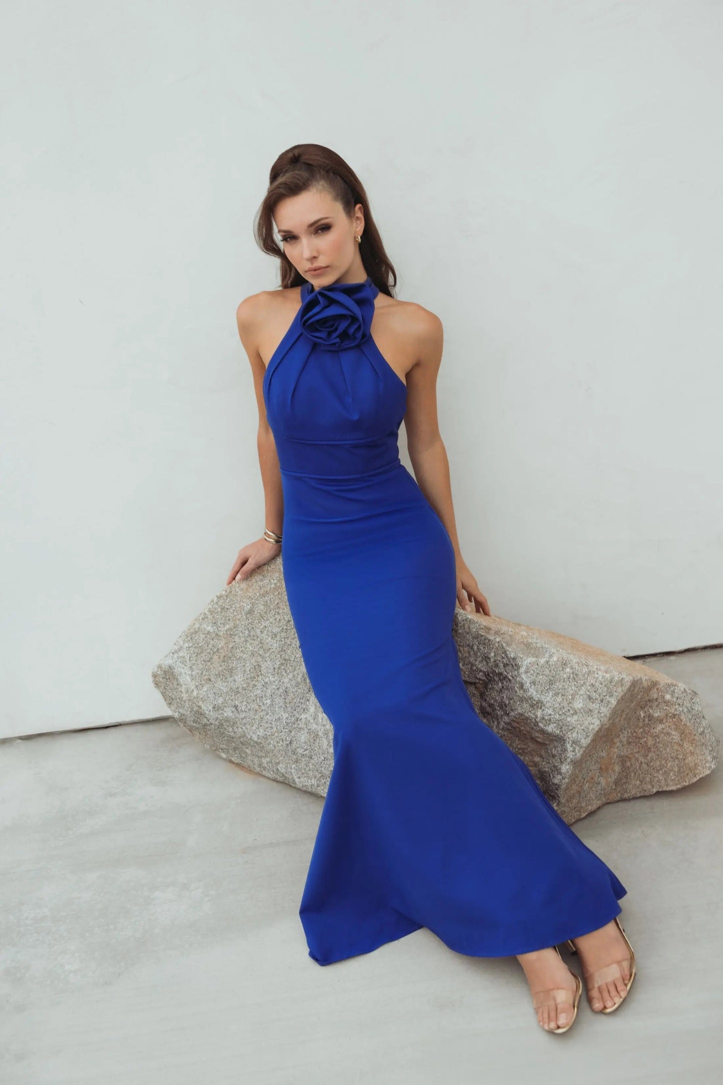 Mac Duggal Blue Sleeveless Halter Neck Gown with Rosette Detail
