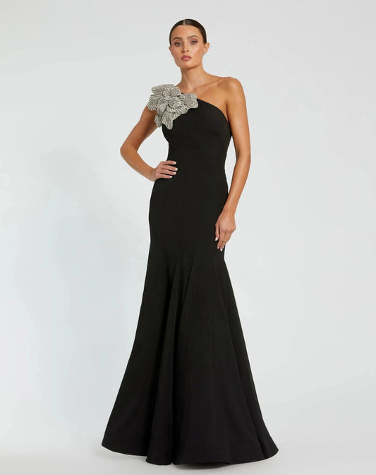 Mac Duggal Black Crepe One Shoulder Gown With Crystal Flower
