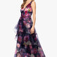 Betsy & Adam "CATALINA" PRINTED ORGANZA V-NECK FLOOR LENGTH DRESS