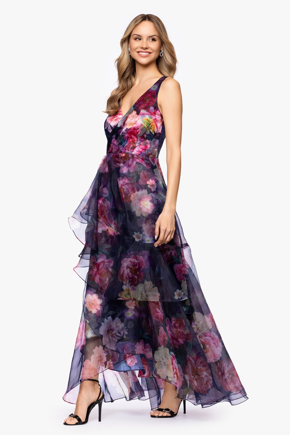 Betsy & Adam "CATALINA" PRINTED ORGANZA V-NECK FLOOR LENGTH DRESS