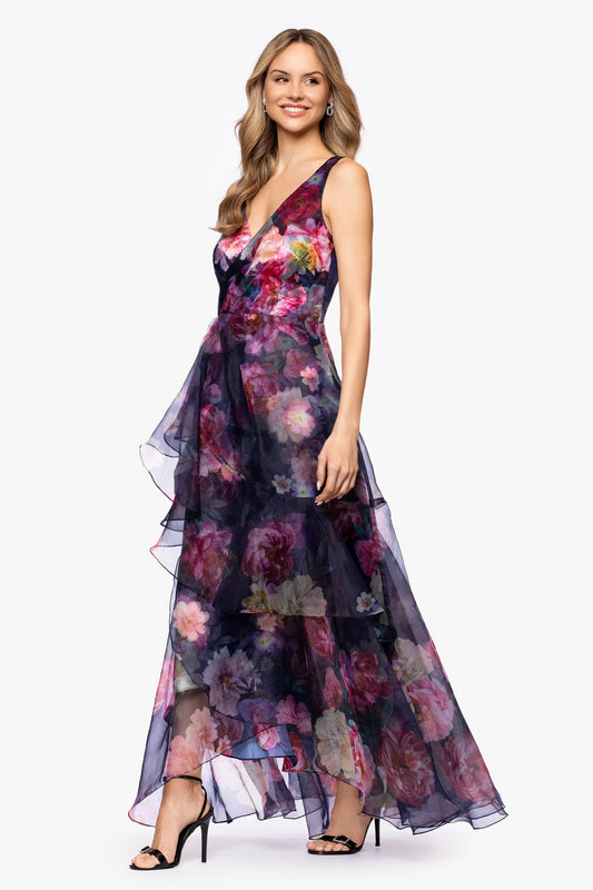 Betsy & Adam "CATALINA" PRINTED ORGANZA V-NECK FLOOR LENGTH DRESS