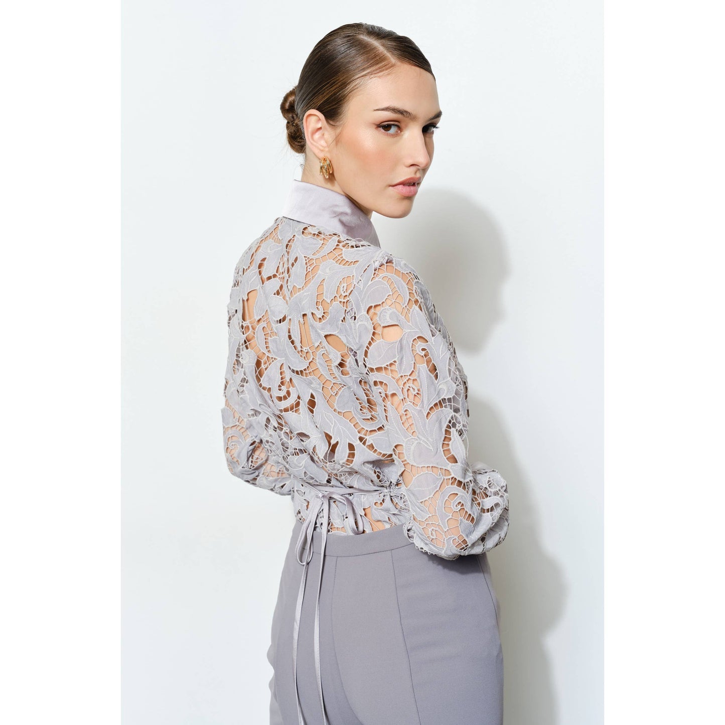 INA - Luxe Satin Contrast Collar Lace Button Down Blouse
