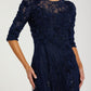 Mac Duggal Navy High Neck Embellished Lace Gown with 3/4 Sleeves