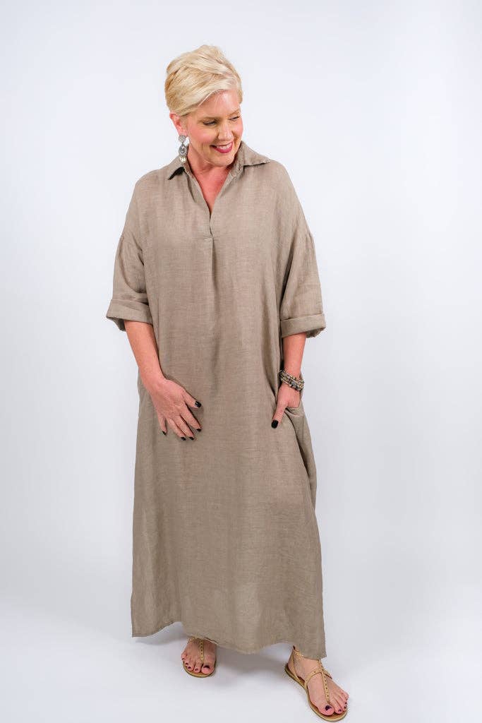 TINA Stephens Italy/Tees By Tina - Fernanda Open Collar Linen Dress (DQ107)
