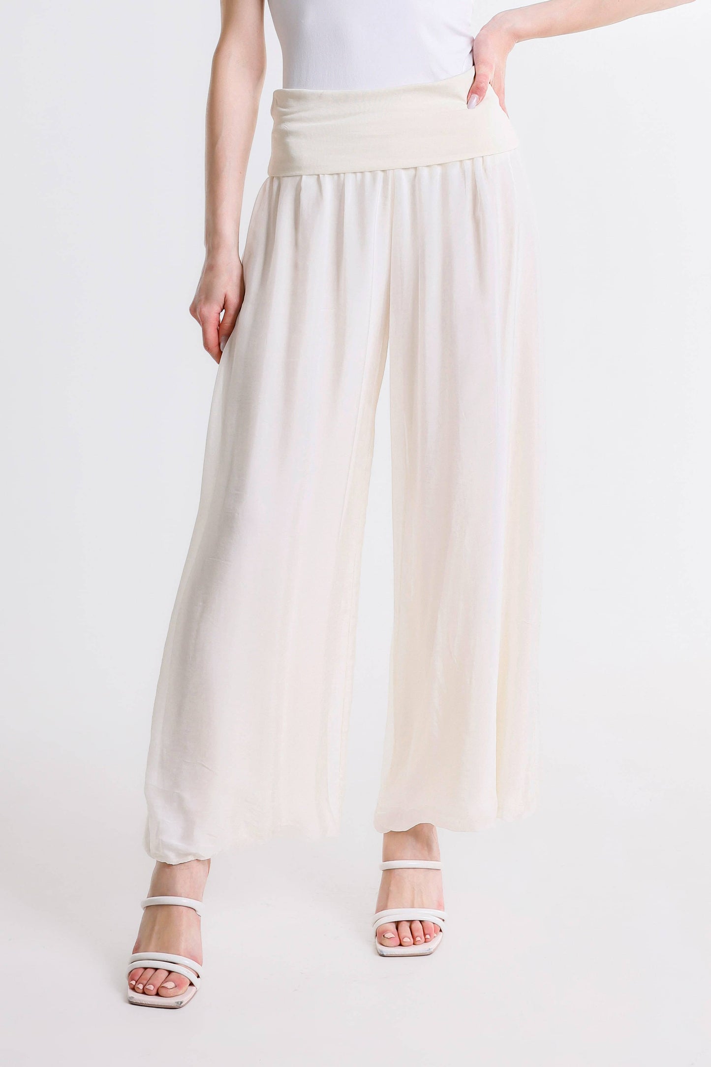TINA Stephens Italy/Tees By Tina - Mercedes Foldover Waist Silk Pant (PL203): 040 Medium Gray / One Size