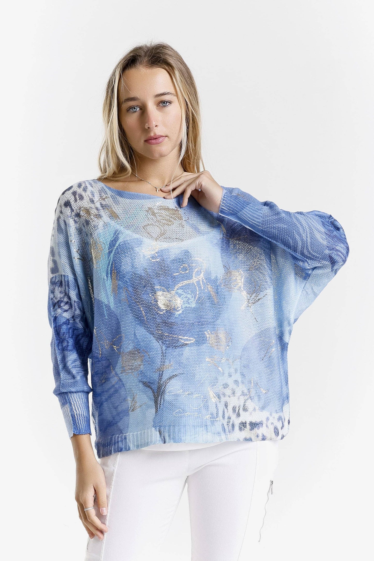 TINA Stephens Italy/Tees By Tina - Circle Flower Danielle Batwing Open Knit Sweater (BLS424CF)