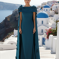 TERANI COUTURE Boat Neck Crepe Gown With Cape Sleeves