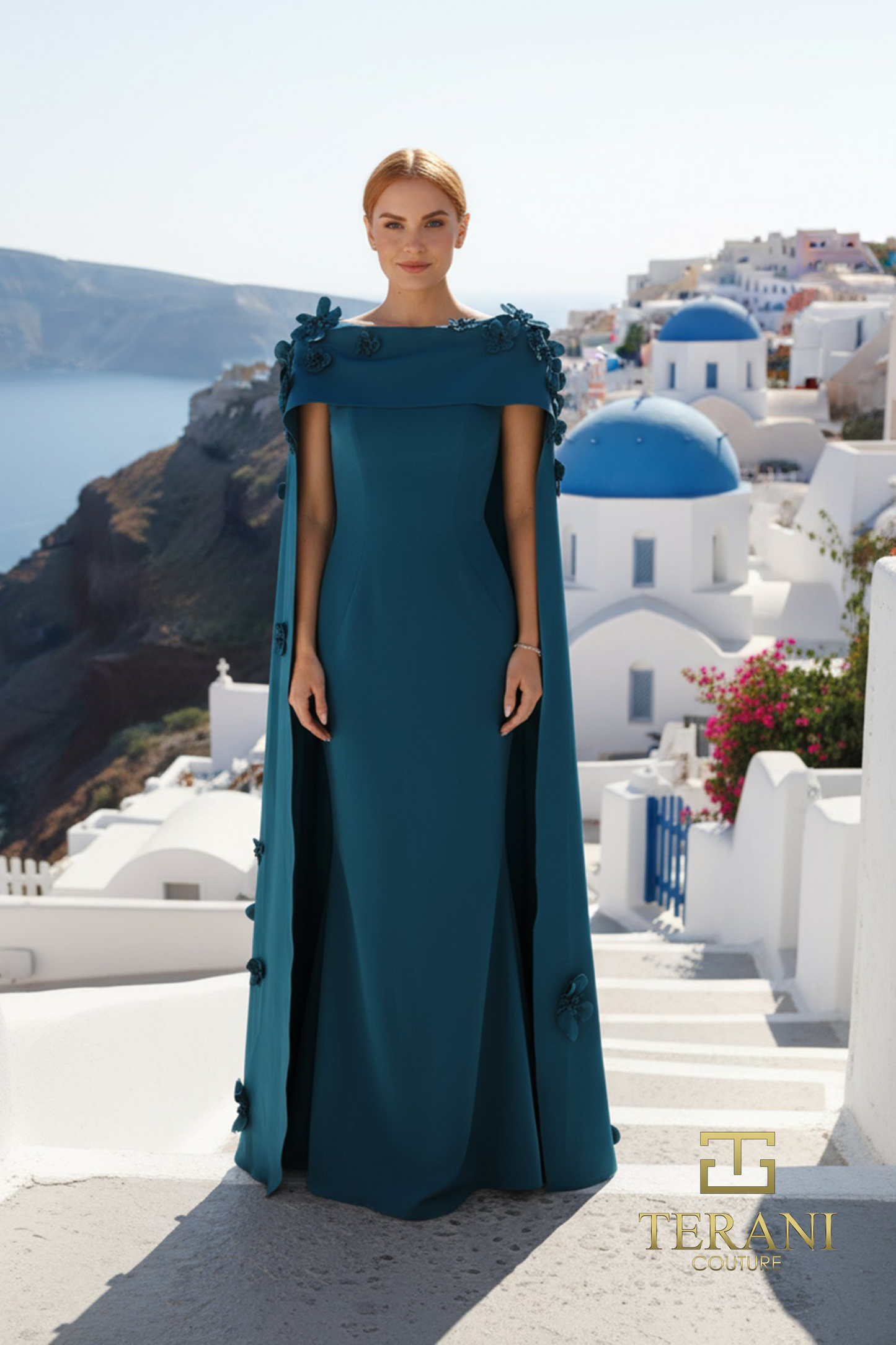 TERANI COUTURE Boat Neck Crepe Gown With Cape Sleeves