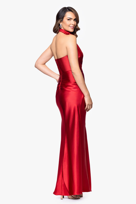 Betsy & Adam Antonia Satin Cowl Halter Neck Rouched Floor Length Dress