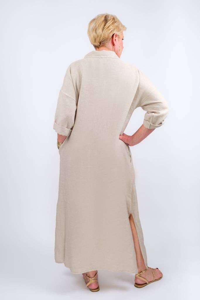 TINA Stephens Italy/Tees By Tina - Fernanda Open Collar Linen Dress (DQ107)