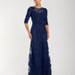 Mac Duggal Navy High Neck Embellished Lace Gown with 3/4 Sleeves
