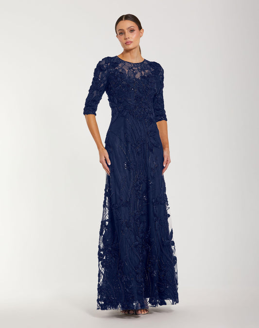 Mac Duggal Navy High Neck Embellished Lace Gown with 3/4 Sleeves